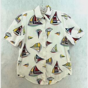 Escada Sport Size Small Top Button Down Sail Boat Short Sleeve Collar Nautical